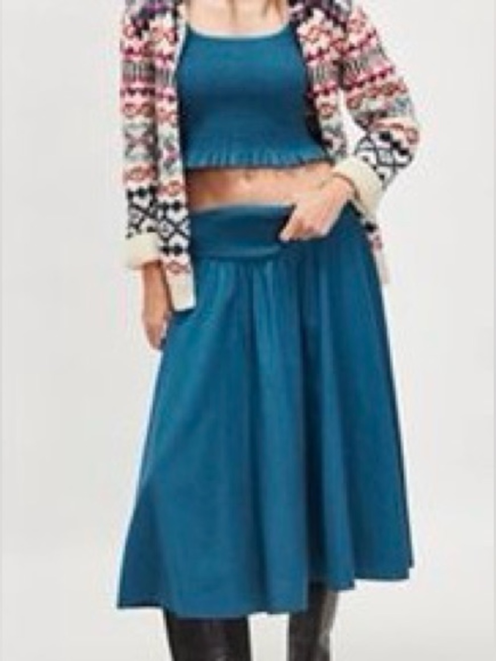 Free People Braveheart Solid Top & Skirt Set-Teal-100% Cotton-Boho-XS